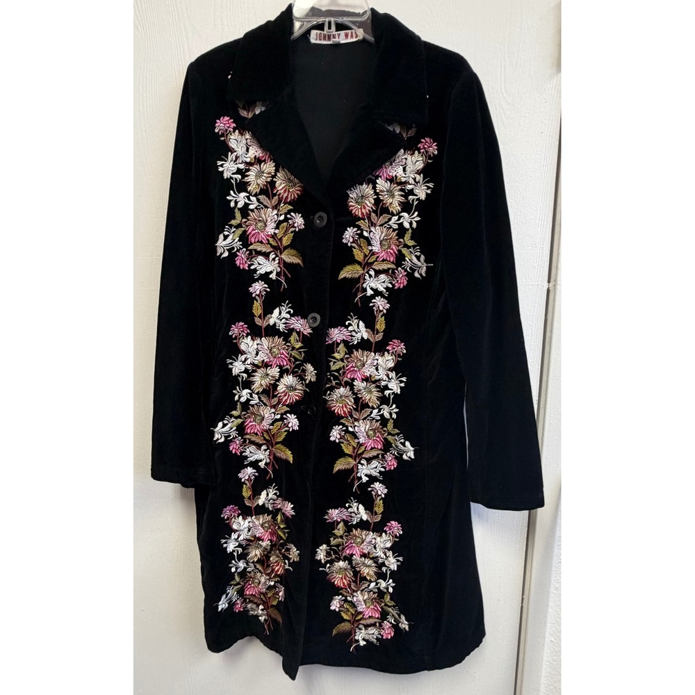 Johnny Was Black Velvet Floral Embroidered Duster Coat Boho Jacket XL